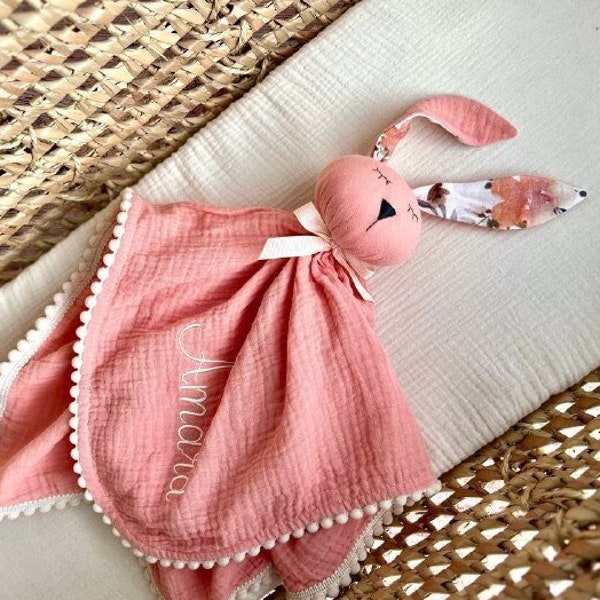 Organic muslin baby comforter Soft Peach, Personalized baby girl gift, Animal Baby Bunny lovey girl, first baby toy, Baby shower gift