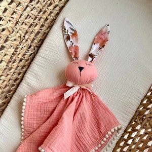 Organic muslin baby comforter girl, Personalized Bunny Security Blanket, Baby Bunny lovey girl, first baby toy, Baby shower gift