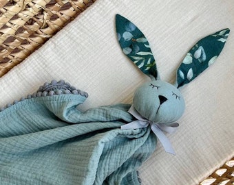 Gepersonaliseerde biologische mousseline Bunny Lovey: veiligheidsdeken, kraamcadeau, geborduurde speelgoednaam