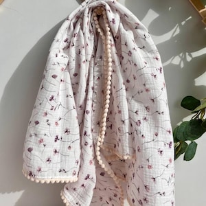 Muslin baby swaddle blanket, Organic cotton, Pom Pom Double gauze Baby girl blanket, PERSONALIZED new baby girl gift, PomPom baby swaddle