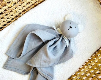 Organic Muslin Baby Bear Lovey: Embroidered Security Blanket