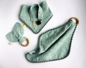 Gender neutral baby gift set, Baby muslin lovey blanket, Teething blanket, Pom Pom baby bib, Bunny ear teether, Pacifier clip, Newborn gift