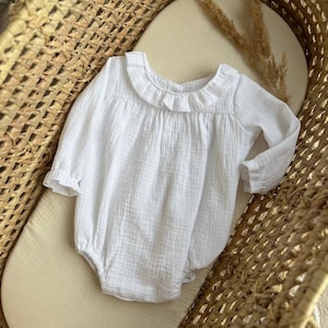 White baby girl Romper with ruffle, Organic Muslin Long sleeve bodysuit , Baptism Baby outfit, New baby girl gift, summer baby clothes