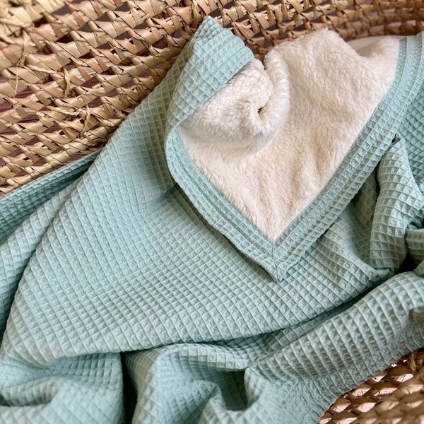 Cuddly soft baby waffle blanket, Warm teddy plush baby blanket in mint, Organic cotton, Personalized Newborn gift, Gender neutral