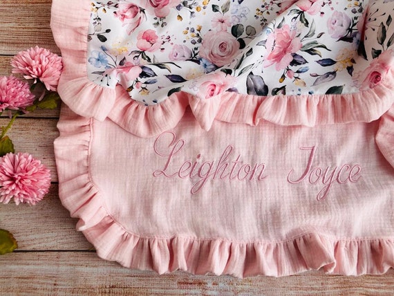 Personalized Organic Cotton Baby Ruffle Blanket Floral Muslin Baby Blanket Girl Receiving Baby Blanket Newborn Girl Gift Etsy Canada