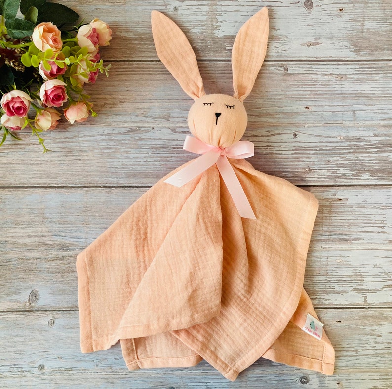 Organic muslin baby comforter, Personalized Bunny Security Blanket, Baby Bunny lovey, first baby toy, Baby shower gift image 5