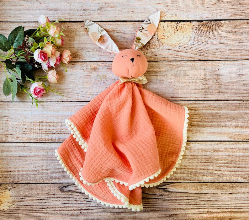 Organic muslin baby comforter, Personalized Bunny Security Blanket, Baby Bunny lovey, first baby toy, Baby shower gift image 3