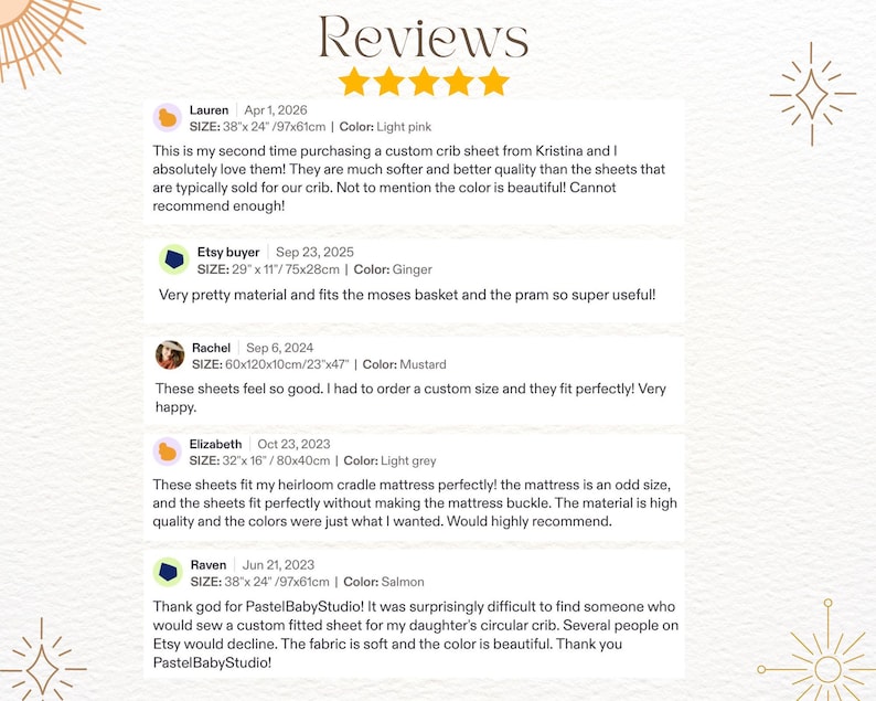 May include: A white background with the word "Reviews" in a decorative font. Customer reviews are listed below, including sizes in inches and centimeters, and colors such as light pink, ginger, and mustard.