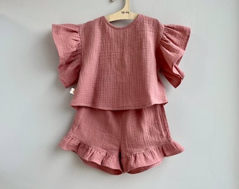 Ensemble mode mousseline pour petite fille vêtements d'été pour bébé fille haut à volants et short - couleur au choix