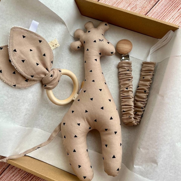 Joli coffret cadeau pour bébé : girafe douce, anneau de dentition oreille de lapin et attache-tétine, cadeau de Noël pour nouveau-né neutre entre les sexes