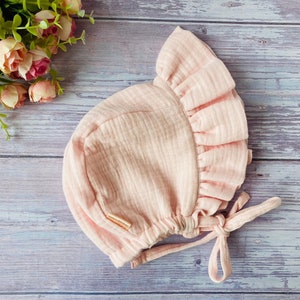 Ruffle baby Brimmed light Pink, Newborn baby hat vintage style, Organic cotton baby bonnet, Sunbonnet for babies and toddlers