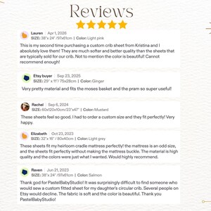 May include: A white background with the word "Reviews" in a decorative font. Customer reviews are listed below, including sizes in inches and centimeters, and colors such as light pink, ginger, and mustard.