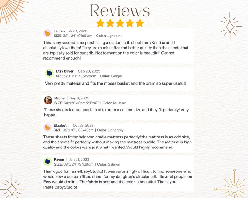 May include: A white background with the word "Reviews" in a decorative font. Customer reviews are listed below, including sizes in inches and centimeters, and colors such as light pink, ginger, and mustard.