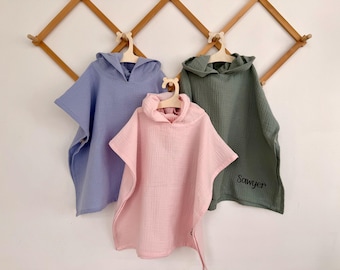 Muslin Kids Hooded Poncho Handduk: Personligt strandöverdrag i ekologisk bomull