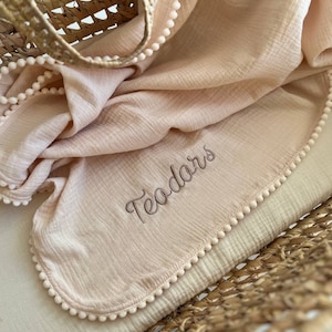 Personalized Muslin baby blanket, Summer pom pom swaddle blanket, Gender neutral swaddle with name - range of colors, Double gauze swaddle