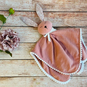 Old pink Organic muslin baby comforter, Baby Bunny lovey, Personalized Bunny Security Blanket, first baby toy, Baby shower gift