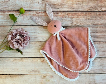 Edredón de bebé de muselina orgánica rosa viejo, Baby Bunny lovey, Manta de seguridad personalizada para conejitos, primer juguete para bebés, regalo de baby shower