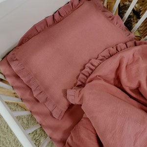 Organic muslin DUVET COVER and PILLOWCASE, Crib Bedding Set girl, Soft and breathable cotton baby bedding with ruffles, Toddler bedding set
