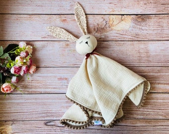Organic muslin baby comforter, Personalized Bunny Security Blanket, Baby Bunny lovey, first baby toy, Baby shower gift