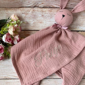 Organic muslin baby comforter, Personalized Bunny Security Blanket, Baby Bunny lovey, first baby toy, Baby shower gift image 9