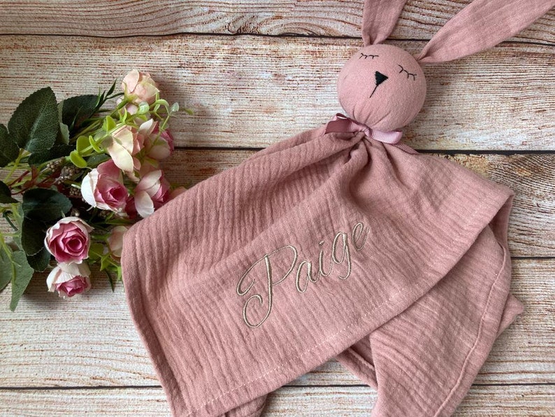 Organic muslin baby comforter, Personalized Bunny Security Blanket, Baby Bunny lovey, first baby toy, Baby shower gift image 9