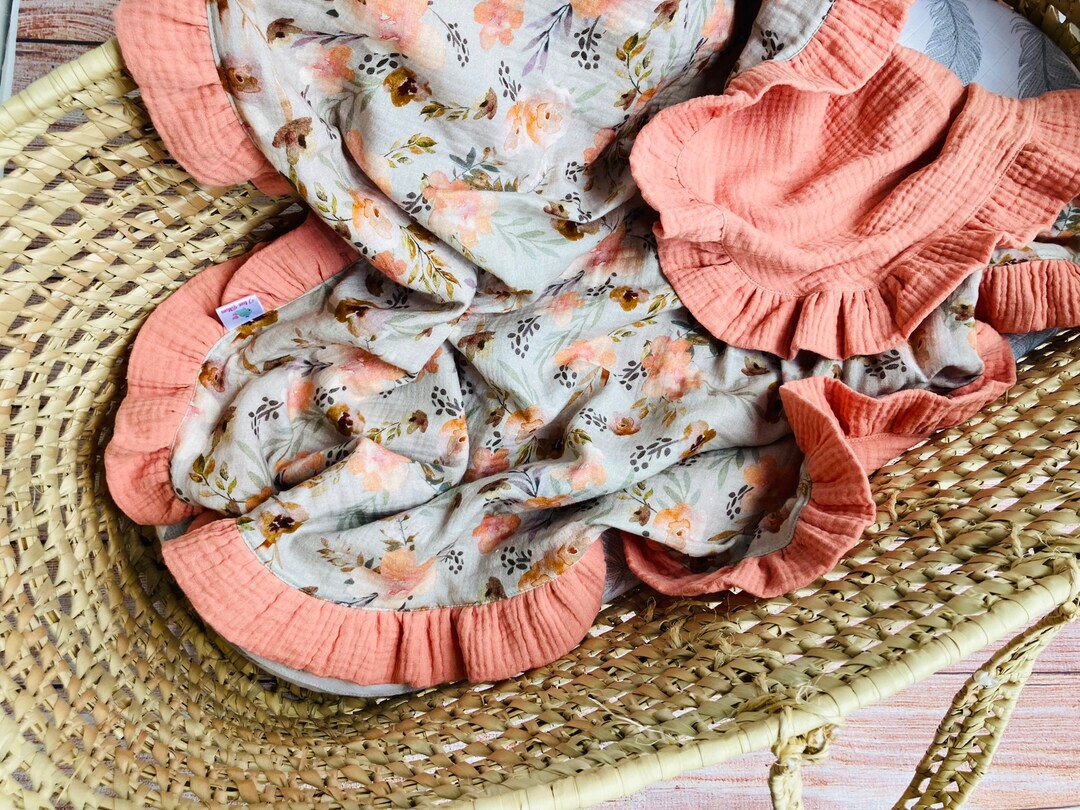 Organic Cotton Muslin Baby Blanket With Ruffle, 4 Layer Gauze Muslin