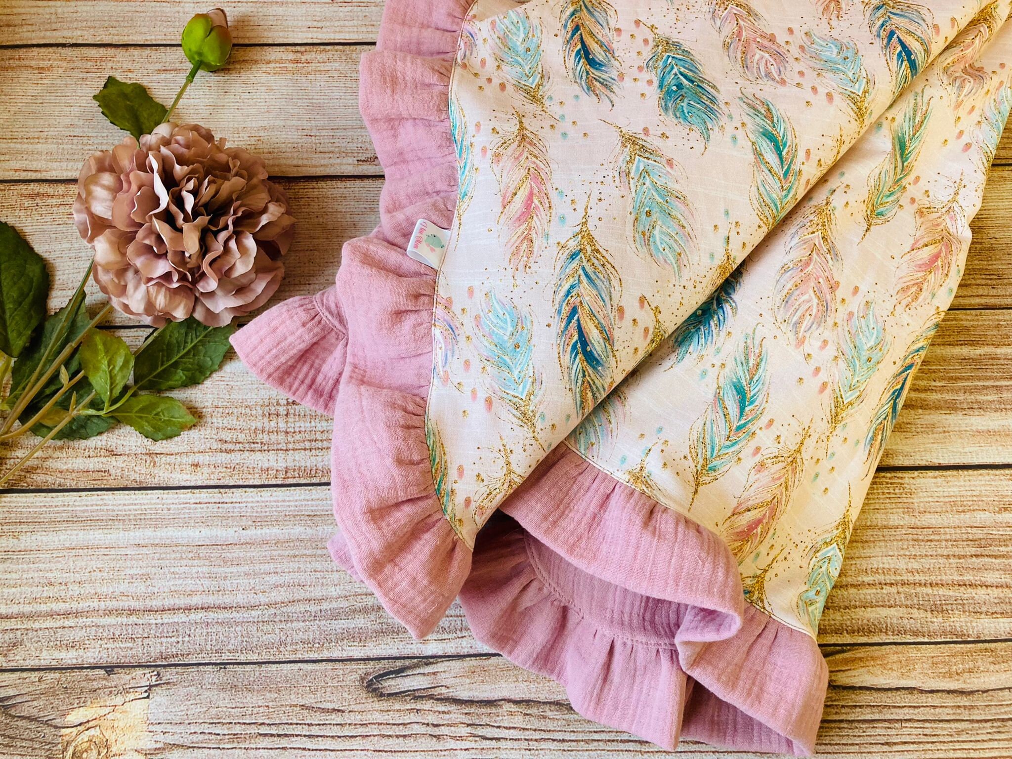 Organic Double Gauze Baby Blanket Pink PERSONALIZED Feather Girl