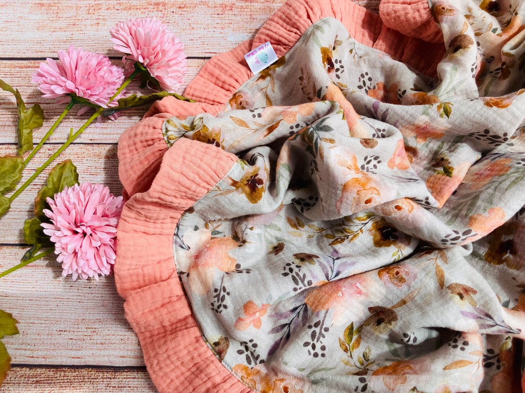 Organic Cotton Ruffle Baby Blanket Floral PEACH, Vintage Baby Blanket, Muslin Swaddle Blanket