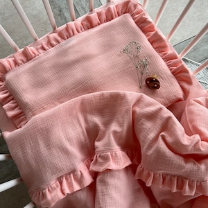 Organic muslin DUVET COVER and PILLOWCASE, Crib Bedding Set girl, Soft and breathable cotton baby bedding with ruffles, Toddler bedding set