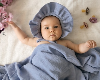 Ruffle baby bonnet Lavender, Muslin Brimmed bonnet Girl, Organic cotton Baby sunbonnet, Newborn girl hat, Baby shower gift