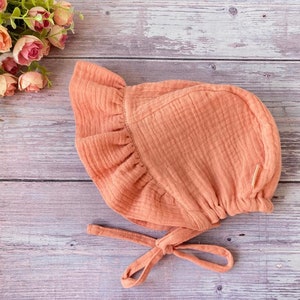 Ruffle baby Brimmed sunbonnet Coral Pink, Girl Muslin Vintage style bonnet, Newborn girl hat, Organic cotton baby hat, newborn & toddler