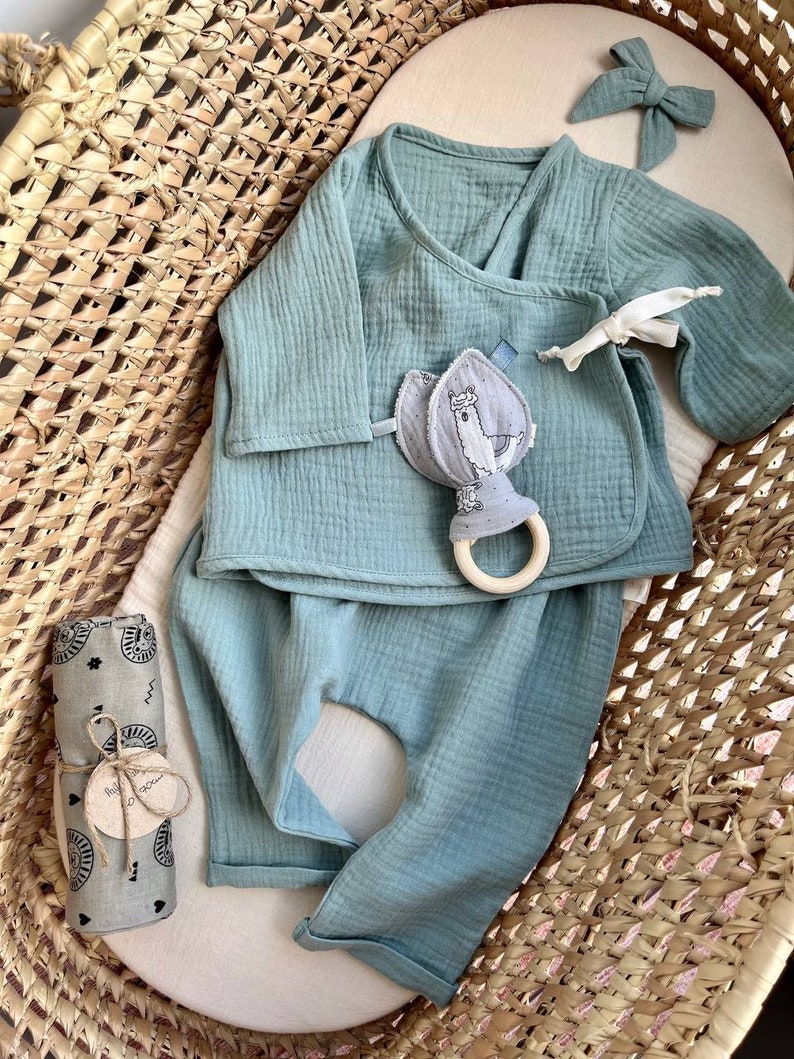 May include: A baby outfit set in a light blue color, including a long-sleeved shirt with a wrap-style neckline and matching pants. The set is laid out in a woven basket with a small stuffed animal and a wooden ring.