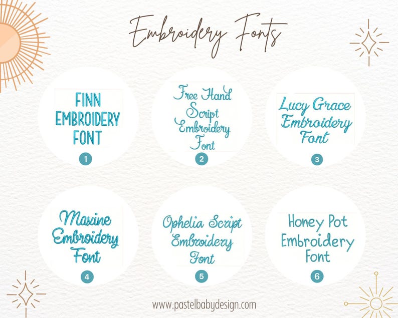 K&ouml;nnte beinhalten: Eine Grafik mit sechs verschiedenen Stick-Schriften, jede in einem Kreis mit einer Nummer. Die Schriften sind: Finn Embroidery Font, Free Hand Script Embroidery Font, Lucy Grace Embroidery Font, Maxine Embroidery Font, Ophelia Script Embroidery Font und Honey Pot Embroidery Font.