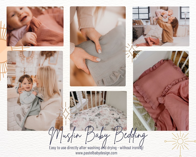 May include: A collage of images showcasing baby bedding. The images include a baby wrapped in a blanket, a crib with floral bedding, and a close-up of a ruffled pillowcase and blanket. The text "Muslin Baby Bedding" is displayed.