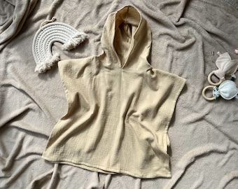 Poncho/toalla infantil de muselina personalizado, pareo de playa con capucha de algodón orgánico.
