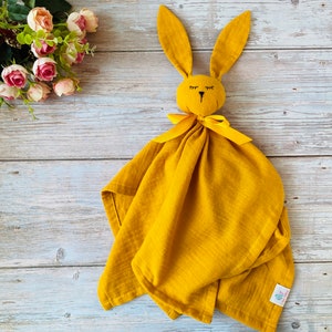 Organic muslin baby comforter, Personalized Bunny Security Blanket, Baby Bunny lovey, first baby toy, Baby shower gift image 7