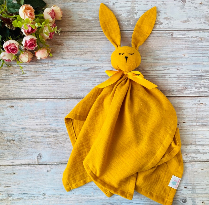 Organic muslin baby comforter, Personalized Bunny Security Blanket, Baby Bunny lovey, first baby toy, Baby shower gift image 7