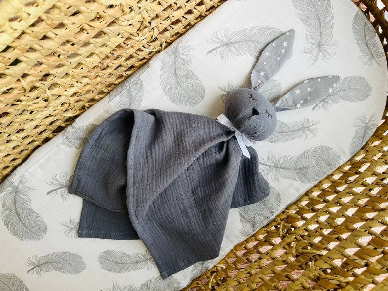 Christmas BABY boy GIFT, Personalized baby gift, Organic muslin baby lovey Bunny, Doudou, Security blanket, Animal baby lovey Grey