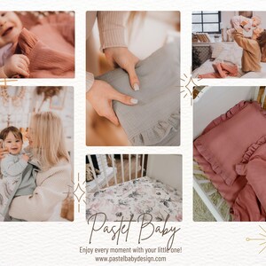 K&ouml;nnte beinhalten: Eine Sammlung von Bildern, die verschiedene Babybettw&auml;sche-Produkte zeigen, darunter ein rosa, gekr&auml;useltes Bettlaken, eine graue Musselin-Wickeldecke und ein floral bedrucktes Bettlaken. Der Text "Pastel Baby" und die Website-Adresse "www.pastelbabydesign.com" sind ebenfalls sichtbar.