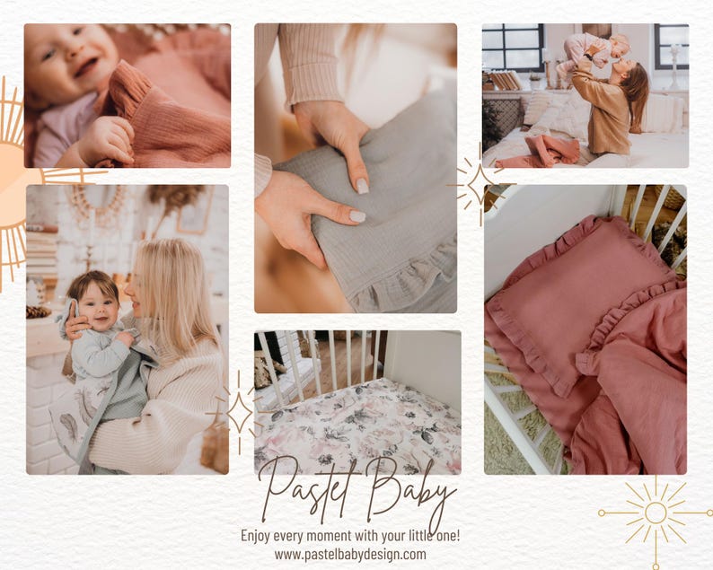 K&ouml;nnte beinhalten: Eine Sammlung von Bildern, die verschiedene Babybettw&auml;sche-Produkte zeigen, darunter ein rosa, gekr&auml;useltes Bettlaken, eine graue Musselin-Wickeldecke und ein floral bedrucktes Bettlaken. Der Text "Pastel Baby" und die Website-Adresse "www.pastelbabydesign.com" sind ebenfalls sichtbar.