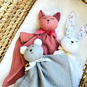Organic Cotton Animal comforter | Baby Cat toy | Gender Neutral | Personalized Baby comforter | Soft baby toy | Muslin Baby lovey