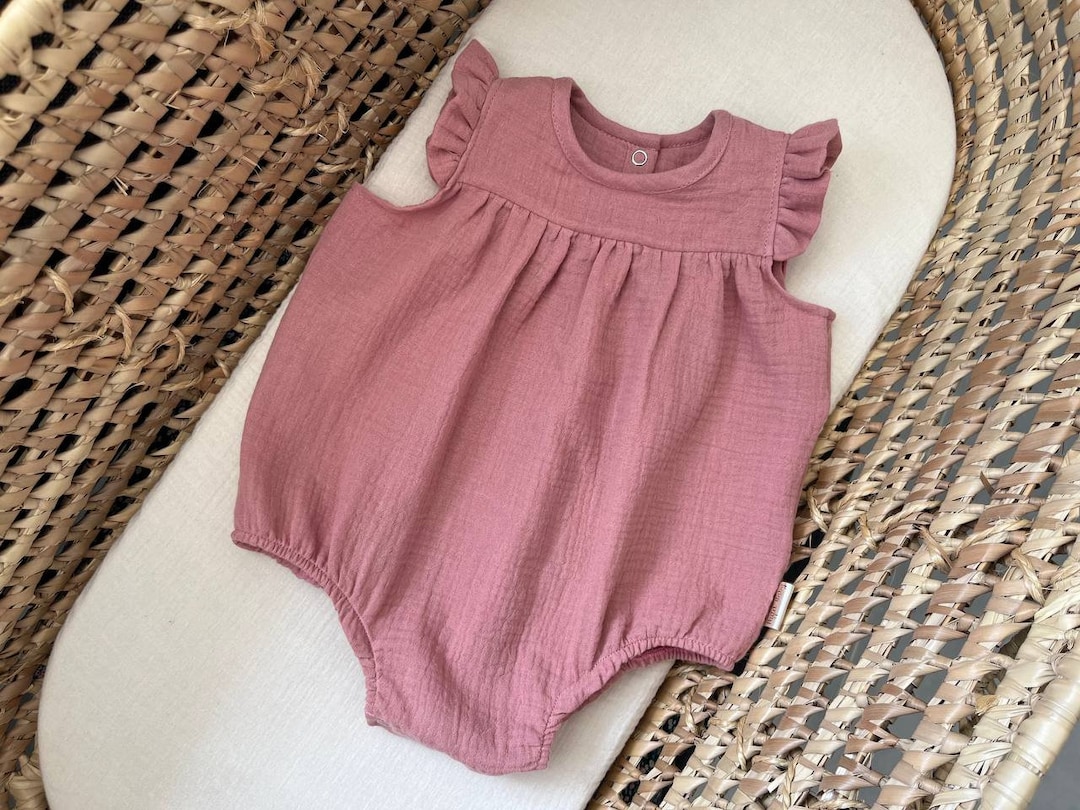 Organic Muslin Baby Girl Romper With Cute Ruffles, Summer Infant