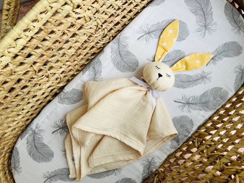 Christmas BABY boy GIFT, Personalized baby gift, Organic muslin baby lovey Bunny, Doudou, Security blanket, Animal baby lovey Cream