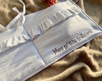 Personalized Crib Organizer: Organic Muslin Baby Bed Pocket, Nursery Storage