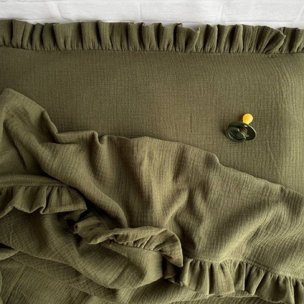 Crib Bedding Set, Organic muslin DUVET COVER and pillowcase - Moss Green, Soft cotton baby bedding with ruffles, Toddler bedding set
