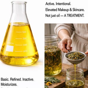 May include: Image comparing commonly used oil to a formulation. A flask of yellow oil is next to a jar of oil being strained. Text reads: "Slow-infused whole botanicals. Elevated Makeup & Skincare. Not just oil - A TREATMENT."