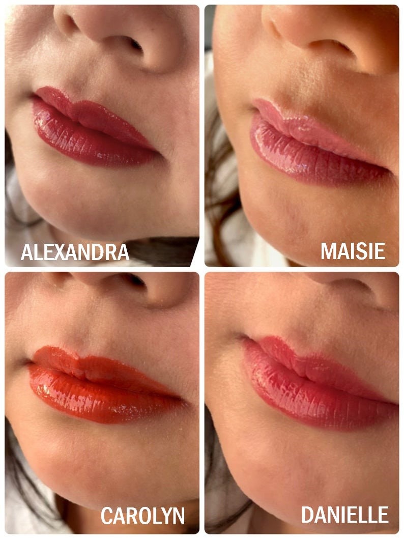 May include: Four close-up images of lips with different shades of lipstick. The lips are labeled with the names Alexandra, Maisie, Carolyn, and Danielle.