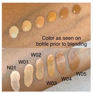 May include: A close-up of a person's arm displaying foundation swatches in various shades. The top row shows unblended drops, while the bottom row displays blended colors. Text reads "Color as seen on bottle prior to blending" and shade codes like "W01" and "W02".