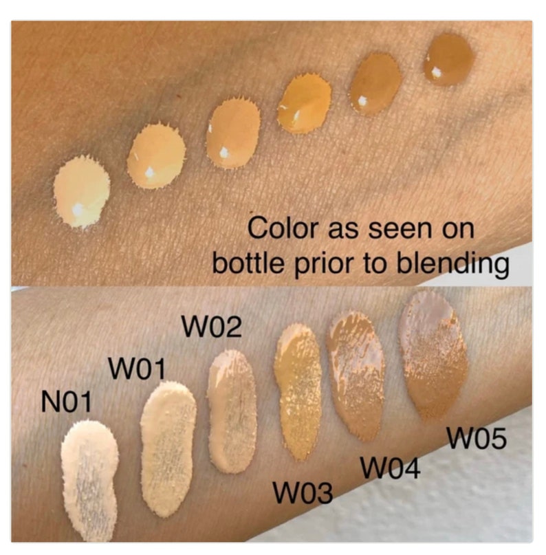 May include: A close-up of a person's arm displaying foundation swatches in various shades. The top row shows unblended drops, while the bottom row displays blended colors. Text reads "Color as seen on bottle prior to blending" and shade codes like "W01" and "W02".