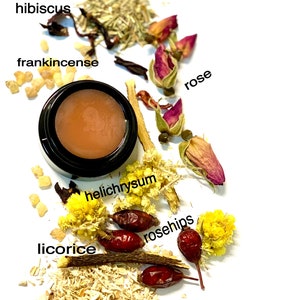 May include: A close-up of a small jar of lip balm surrounded by dried herbs and flowers. The herbs and flowers include rosehips, liquorice root, marshmallow root, helichrysum, frankincense, hibiscus, rose, and horsetail.